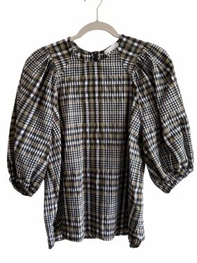 Ganni Olive Green & Black Plaid Puff Sleeve Blouse Size 40 Office Chic